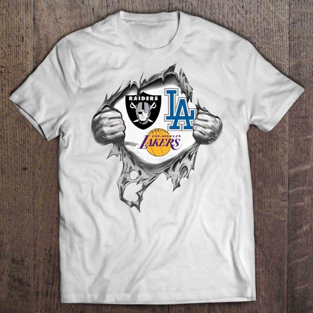Oakland Raiders Los Angeles Lakers And Dodgers Heartbeat Gift T-Shirt